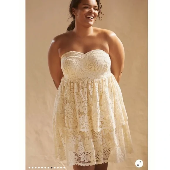Anthropologie | Dresses | Anthropologie Maeve Strapless Cream Lace And Crochet  Tiered Mini Dress | Poshmark
